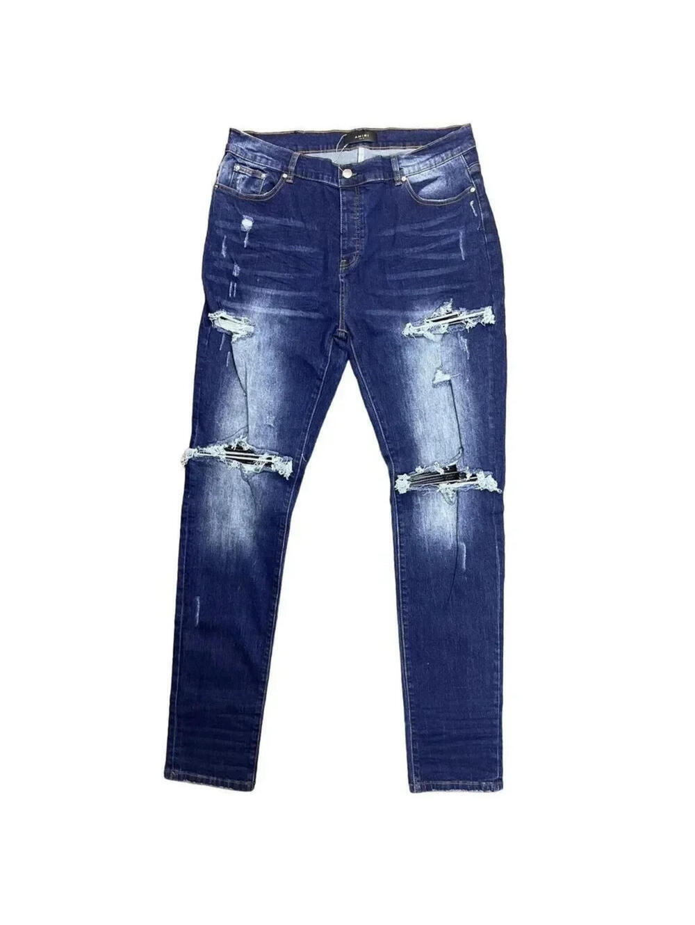 Amiri Mens MX1 Skinny Jeans Size 38 Blue Distressed Leather Patches 38x35 NWT
